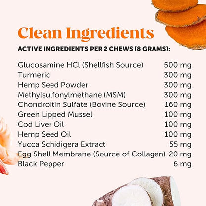 Hemp Hip & Joint Supplement for Dogs - Hemp Oil & Powder - Glucosamine Chondroitin for Dogs, Turmeric, MSM, Green-Lipped Mussel, Supports Mobility, May Reduce Discomfort (Duck)