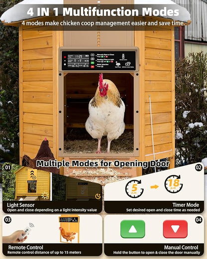 Automatic Chicken Coop Door Solar Powered, Pet Deluxe Chicken Door with Programmable Timer & Light Sensor, Anti-Pinch Safety, 7W Solar Panel, Aluminum Alloy with 10 Wire Clips Solar Chicken Door-Brown