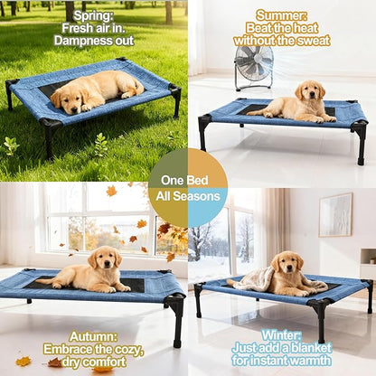 Raised Dog Bed Cooling Cot for Indoor Outdoor Use Portable Waterproof Mesh Pet Bed Washable for Large Medium Small Dogs, Blue