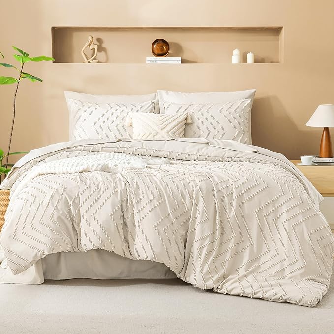 Litanika Super King Size Comforter Set with Sheets Beige - 7 Pieces Bed in a Bag Oversized King Boho Tufted Complete Bedding Sets with Comforter, Sheets, Pillowcases & Shams