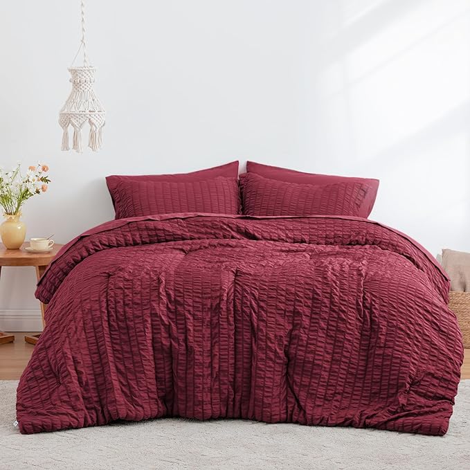 Love's cabin Seersucker Burgundy Queen Comforter Set, 7-Piece All Season Lightweight Bed in a Bag Bedding Set with Comforter, Flat Sheet, Fitted Sheet, Pillowcases and Shams | Soft, Breathable, Lightweight
