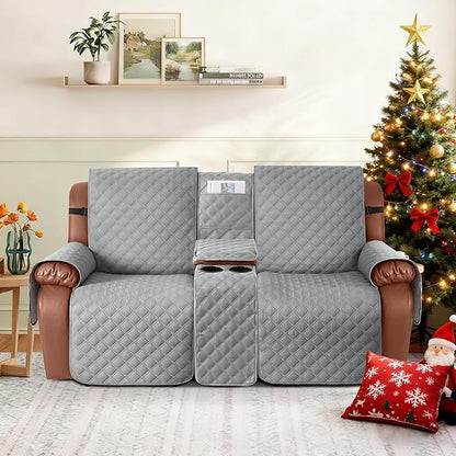 Ruaozz Waterproof Loveseat Recliner Cover with Console Non-Slip Reclining Couch Covers Split Sofa Slipcovers with Elastic Straps Furniture Protector for Kids, Dogs, Pets (Light Grey, 2 Seater)