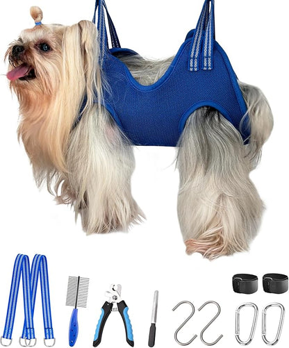 Kkiimatt 10 in 1 Dog Grooming Hammock Harness with Nail Clippers, Nail Trimming Hammock for Pet, Grooming Sling Hanger Holder Restaint for Nail Trimming/Clipping (XXS/Under 10lb Blue)