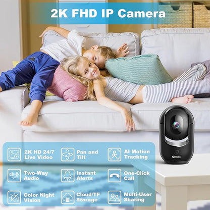Cloarks 2K Pan/Tilt Security Camera, WiFi Indoor Cameras for Home Security with AI Motion Detection, Pet/Dog/Baby Camera with Phone App, 2-Way Audio, 24/7, Siren, TF/Cloud Storage，Black