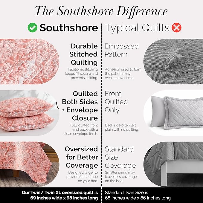 Southshore Fine Living, Inc. Twin XL Quilt Bedding Set, Boho Coverlet, Reversible Quilt, All Season 2-Piece Set with One Matching Quilted Pillow Sham, All Season Twin/XL Bedspreads for Adult, Coral