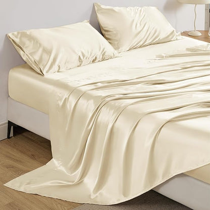 Bedsure Satin Sheets Full Size - 4 Piece Silky Bedsheets with 15 Inches Deep Pocket Fitted Bedsheet,1 Flat Sheet, 2 Satin Pillowcases, Good for Hair & Skin (Full, Cream)