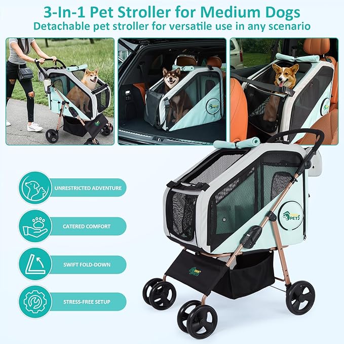 Ownpets Dog Stroller with Upgraded 4 Wheels, 3 in 1 Foldable Pet Stroller for Medium Dogs and Cats Up to 66lbs, Detachable Carrier for Car Seat, with Storage Organizer, Cup Holder
