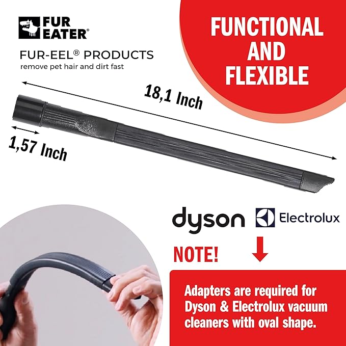 FUR-EEL Vacuum Crevice Tool, Extra Long 18.1 in Flexible Attachment, Fits Round Hoses 1 1/4 and 1 3/8 in (32 and 35 mm), for Car Detailing, Car Seats, Sofas