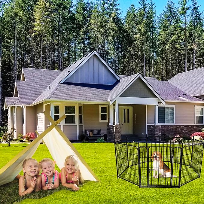 ADAVIN Tall Garden Fence Wide Door Low Threshold, 54 inch High 4 Panels Total 8.8 Ft(L), Black Heavy Duty Metal Outdoor Dog Fence for Yard or Camping, Garden Fencing Animal Barrier