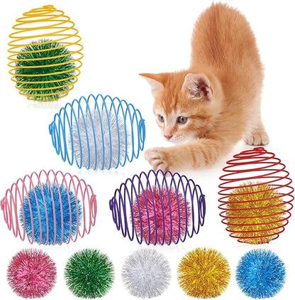 Jecery 5 Pcs Cat Spring Toys Stretchable Rolling Balls Colorful Playful Coils Interactive Action Toy Caged Rats for Kitten Pet Supplies (Glitter Balls,Multicolor)