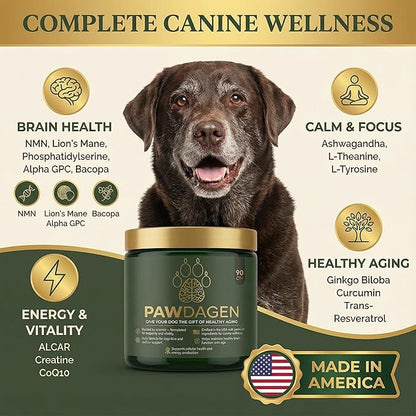 Dog Longevity Supplement - NMN, NAD+, CoQ10 All Breeds & Ages-Active & Senior Dog Vitamins - 14 Ingredients for Brain Health, Energy & Cellular Vitality - Made in USA - 90 Chews