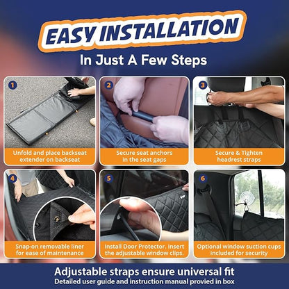 Panther Armor Hard Bottom Backseat Extender for Dogs, Dog Car Seat Cover with 2 Door Protectors, Foldable 8-Panel Dog Hammock, Waterproof Bench Seat Protector, Washable Topper