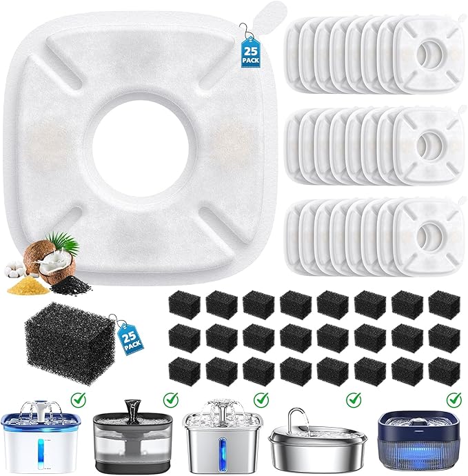 50 Pcs Cat Water Fountain Filters for Veken 95oz/2.8L, 67oz, 85oz, 135oz Dog Water Fountain Automatic Pet Fountain Dog Water Dispenser 25Pcs Pet Fountain Filter Replacement & 25Pcs Pre-Filter Sponges