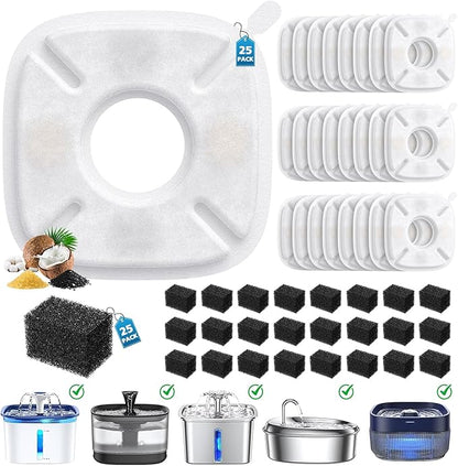 50 Pcs Cat Water Fountain Filters for Veken 95oz/2.8L, 67oz, 85oz, 135oz Dog Water Fountain Automatic Pet Fountain Dog Water Dispenser 25Pcs Pet Fountain Filter Replacement & 25Pcs Pre-Filter Sponges