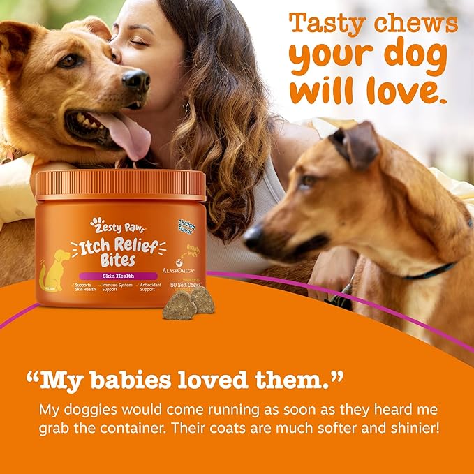 Zesty Paws Itch Relief for Dogs - for Itching Skin & Coat Health - Omega-3 Fish Oil with EPA & DHA - Dog Bites Supplement with Vitamin C & E for Antioxidant Support - Chicken Flavor - 50 Count
