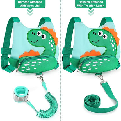 Accmor Toddlers Leash + Anti Lost Wrist Link, Baby Walking Harness Kids Safety Harness Cute Dinosaur Kids Walking Wristband Assistant Strap Belt for Boys (LightGreen)