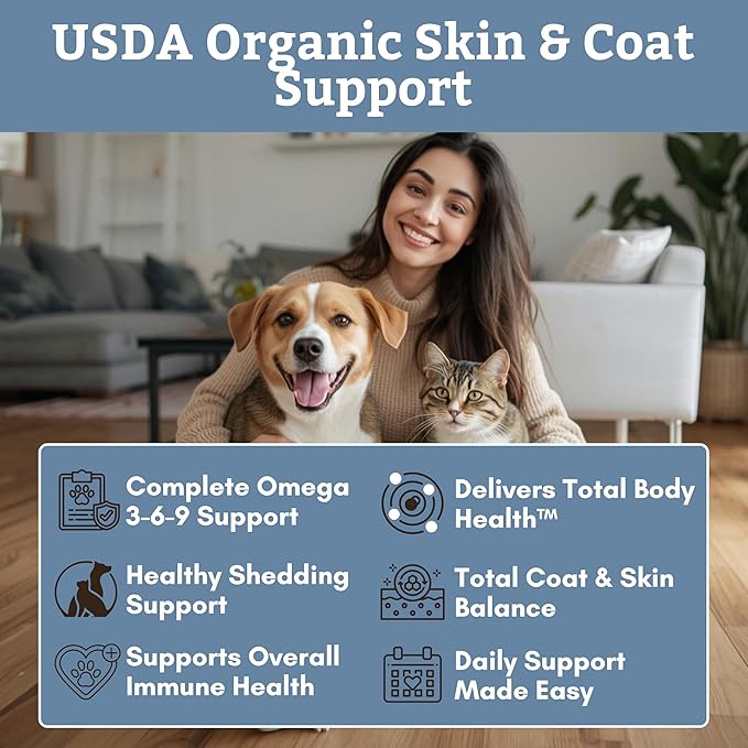 Wholistic Pet Organics Flaxseed Oil for Dogs and Cats - 16 Oz - Omega 3 for Dogs and Cats - Cat & Dog Skin and Coat Supplement for Itchy Skin, Shedding - Omega 3 6 9 Liquid Food Topper - 90 Day Supply