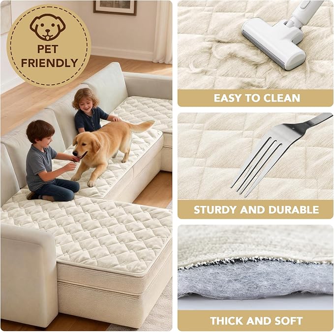 H.VERSAILTEX Chenille Couch Cover for Dogs Washable Soft Fuzzy Sofa Covers for 3 Cushion Couch Sectional Sofa Cover Thick Pet Couch Cover Protector Non-Slip Dog Bed Cover(Ivory, 28" x 102")