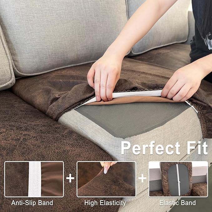 ANARACHON Leather Look Couch Cushion Covers Sofa Seat Slipcovers Sets Couches Furniture Protector for Sectional Armchair Loveseat Pets Kids Stretch Spandex Fabric (1 Cushion Armchair, Dark Brown)