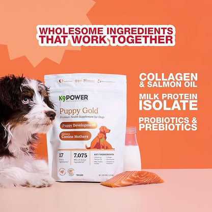 K9Power Puppy Gold 3lb – Puppy Supplement for Growth & Development – Also Supports Pregnant & Nursing Mothers – Colostrum, DHA, Glucosamine, Collagen, Probiotics, Creatine, Milk Protein, Salmon Oil