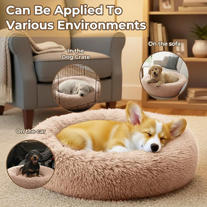 Calming Anti-Anxiety Donuts Dog And Cat Bed, Round Fluffy Soft Washable Medium Pet Bed For Puppy & Kitten, Cuddler Warming Comfortable Cushion, Luxury Anti-Slip Waterproof Mute Base 24in (Camel)