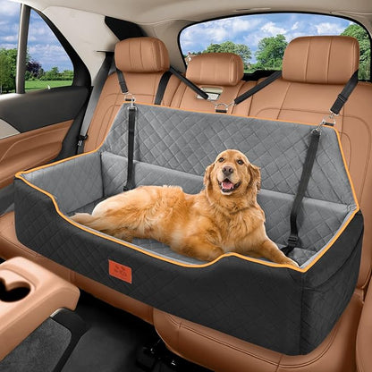 XIEEAOZEE Large Dog Car Seat, Memory Foam Dog Car Bed for Backseat & Trunk, Washable Pet Booster Seat Under 100 lbs or 2 Medium Dogs, Pet Travel Seat with Storage Pockets,2 Safety Belts