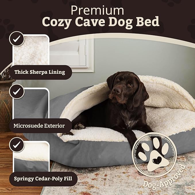 Snoozer Rectangle Cozy Cave Dog Bed - Indoor Dog Bed with Cover Cave, Covered Calming Burrow for Medium & Large Sized Pets with Blanket Attached, Enclosed, Washable Cover - Large, Anthracite