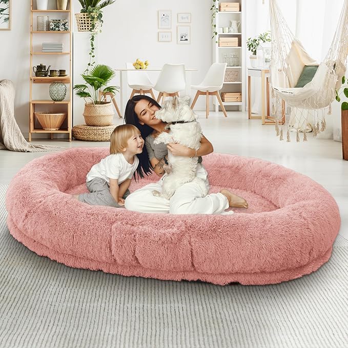 Human Dog Bed, 71''x45''x12'' Size Fits People and Pet 10 CM Thick Memory Foam Washable Adult Large Bed Giant Oversize Foldable Dog Bed with Plump Pillow, Blanket, Strap - Pink