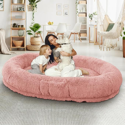 Human Dog Bed, 71''x45''x12'' Size Fits People and Pet 10 CM Thick Memory Foam Washable Adult Large Bed Giant Oversize Foldable Dog Bed with Plump Pillow, Blanket, Strap - Pink