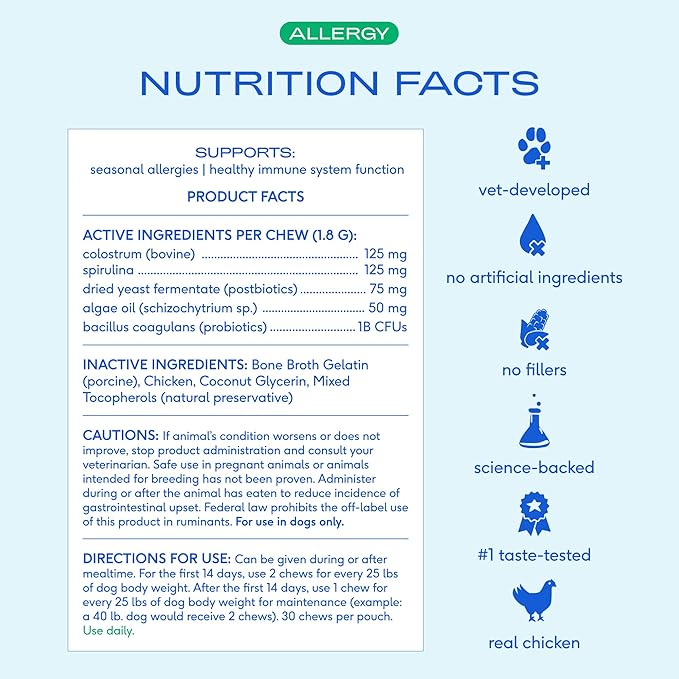 Native Pet Dog Allergy Chews - Dog Allergy Relief for Medium Breeds - Supports Seasonal Itch Relief, Healthy Immune Function & Reduces Sneezing - Colostrum, Spirulina, & Probiotics - 30 Days Supply