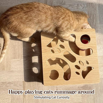Interactive Wooden Cat Puzzle Toy Box with 4 Balls Interactive Cat Toy for Indoor Cats Indoor Hunting Play Toy Treat Puzzle Toys for Cats