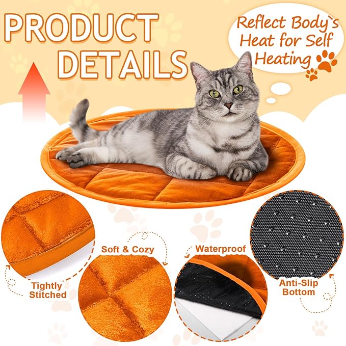 Drydiet 2 Pcs Self Warming Cat Mat Round Self Heating Pad Bed Reversible Machine Washable Heated Bed Anti Slip Warming Pad Pet Mat for Cat Crate Indoor Outdoor(Orange,16 Inch)
