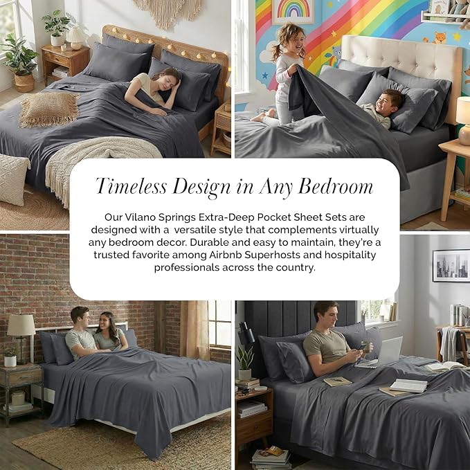 Southshore Fine Living, Inc. 6-Piece, 21-Inch Queen Deep Pocket Sheet Set, Wrinkle Free Sheets, Grey Queen Sheets Deep Pocket, Full Elastic Fitted Sheet, Oversized Flat, 4 Pillow Cases, Slate