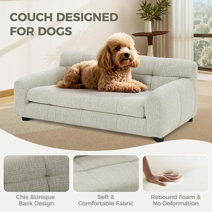 Dog Couch Bed with Backrest and Armrest, Durable Pet Sofa with Upholstered Foam Cushion, Elevated Dog Couch Bed with Legs for Medium Dogs, Dark Beige