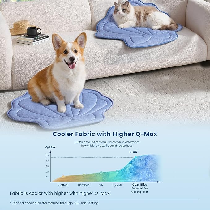 Cozy Bliss Cute Shell Shape Cooling Mat for Medium Dogs, Non-Slip, Leakproof Washable Pet Cooling Mat for Hot Weather with Q-Max 0.5, Indoor and Outdoor Summer Pad, Heather Haze Blue, 35"x40"