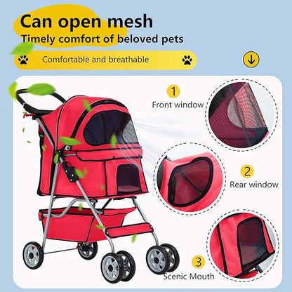 FDW Pet Stroller 4-Wheel Dog Cat Stroller Travel Folding Carrier Puppy Stroller with Cup Holder and Removable Liner for Small Medium Dogs Cats, Red