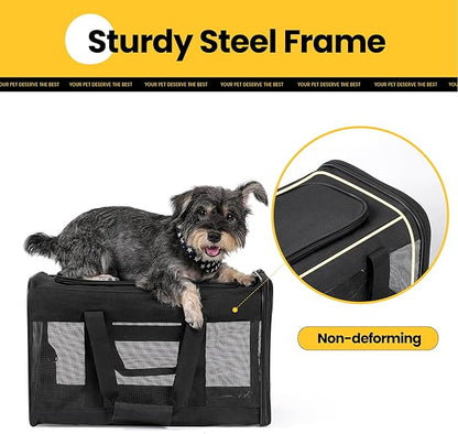 Conlun Cat Carrier Airline Approved, Soft-Sided Dog Carrier with Inner Safety Leash, Pet Transport Carrier for Small-Medium Cats Puppies up to 15 Lbs, Collapsible Travel Kitten Carrier Bag -BlackM