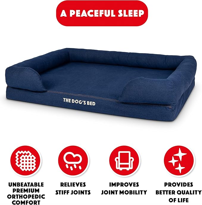 The Dog’s Bed Orthopedic Memory Foam Dog Bed with Bolsters for XL Dogs, Waterproof Washable Cover, Anti-Slip Base, Calming Surface – CertiPUR-Certified Foam, Denim Fabric, Blue Denim, XL