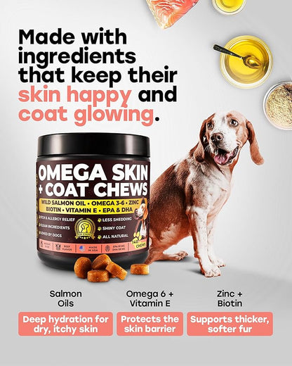 Omega 3 & 6 Dog Skin & Coat Chews – Wild Salmon Oil, Biotin, Zinc & Vitamin E – Supports Dry Itchy Skin, Shedding & Healthy Coat – PhD-Endorsed, Made in USA, 140 Chews, Salmon Flavor