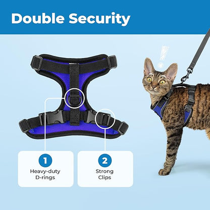 Voyager Escape-Proof Step-in Lock Cat Harness & 5ft Neoprene-Handle Leash Set All-Weather Mesh with Reflective Stitching for Small to Large Cats by Best Pet Supplies, Black Trim-Royal Blue (327), XXS
