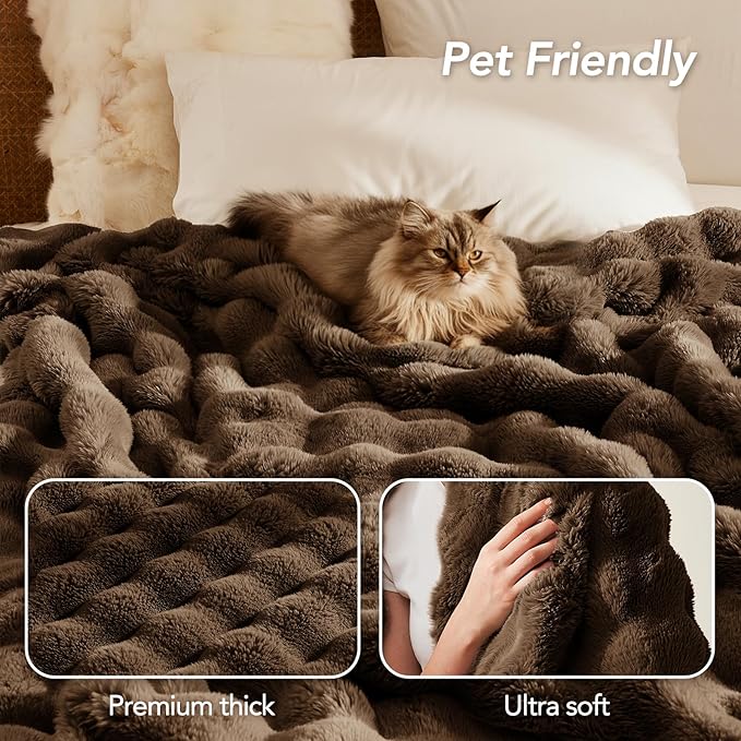 L'AGRATY Faux Rabbit Fur Blanket: 60" x 80" Twin Luxury Soft Fluffy Thick Fur Throw Blanket for Couch Bed Sofa - Cozy Plush Bubble Blankets for Winter: Flannel Fleece Decorative Blanket(Cocoa Brown)
