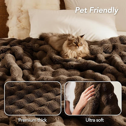 L'AGRATY Faux Rabbit Fur Blanket: 50" x 60" Luxury Soft Fluffy Thick Fur Throw Blanket for Couch Bed Sofa - Cozy Plush Bubble Blankets for Winter: Warm Flannel Fleece Decorative Blanket(Cocoa Brown)