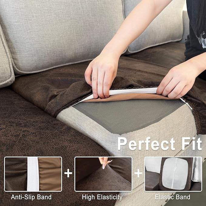 ANARACHON Leather Look Couch Cushion Covers Sofa Seat Slipcovers Sets Couches Furniture Protector for Sectional Armchair Loveseat Pets Kids Stretch Spandex Fabric (1 Cushion Loveseat, Brown)