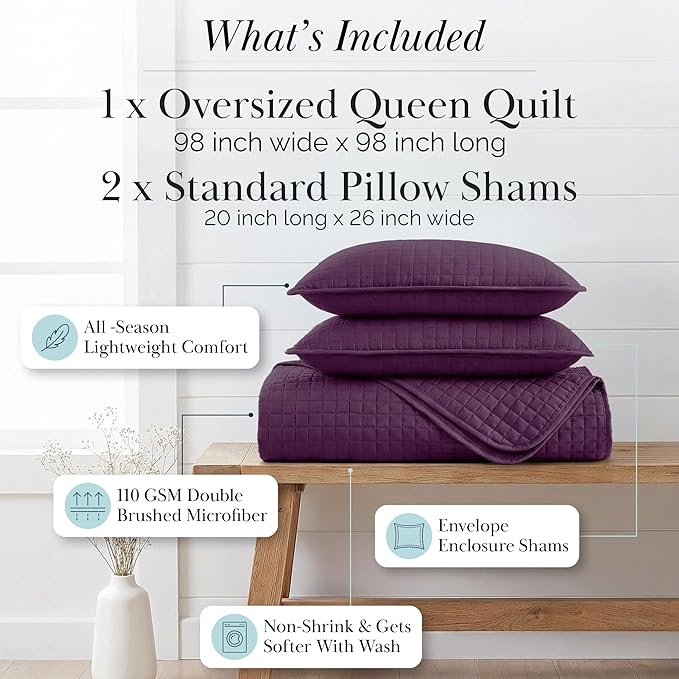 Southshore Fine Living, Inc. Quilts, Queen Size/Full Size Quilt Bedding Set, Stain & Pet Hair Resistant Bedding, Coverlet Queen Size/Full Size Lightweight Bedspread with 2 Pillow Shams, Purple