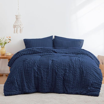 Love's cabin Seersucker Dark Blue Twin Comforter Set, 5-Piece All Season Lightweight Bed in a Bag Bedding Set with Comforter, Flat Sheet, Fitted Sheet, Pillowcase and Sham | Soft, Breathable, Lightweight