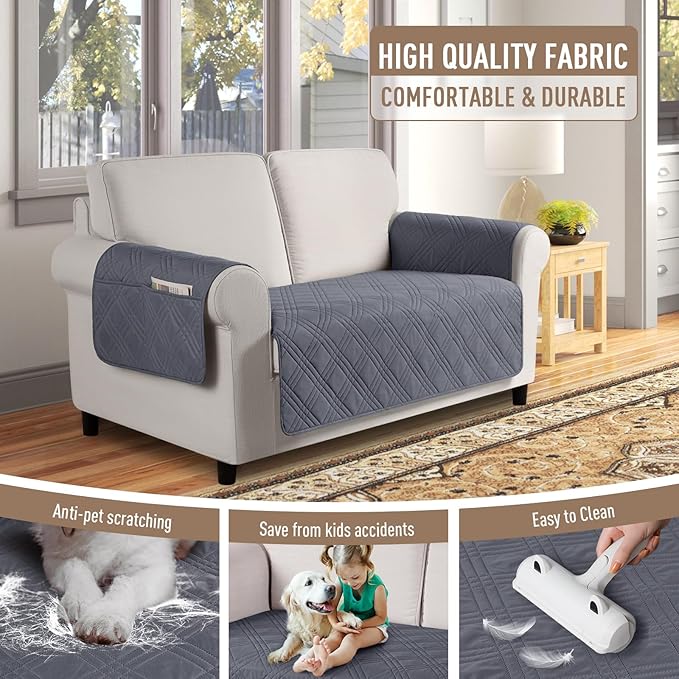 TAOCOCO Waterproof Loveseat Covers for Pets Dogs with Non Slip Backing, Sofa Seat Covers with Pocket for 2 Cushion Couch Washable Dog Couch Cover Protector Sofa Slipcovers(Loveseat Plus, Dark Grey)