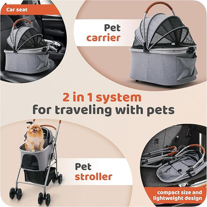 Pet Stroller for Small Medium Dogs & Cats – 2-in-1 Detachable Carrier, Zipperless Entry, Lightweight Folding Travel Stroller with Storage Basket, Cup Holder, Gray