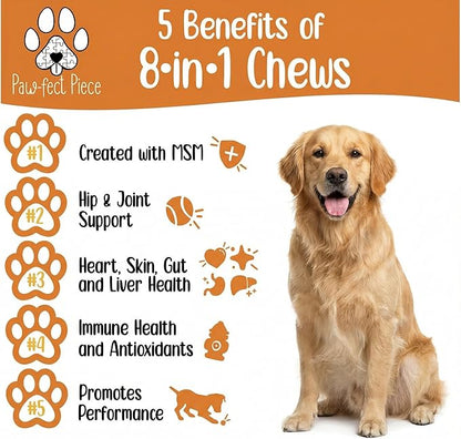 Paw-FECT Piece 8-in-1 Natural Dog Multivitamin Chews, Dog Supplement for Hips & Joints, Skin & Coats, Digestion, Immune Support, Omega 3, Anitoxidents, for All Ages and Breeds, Chicken-120 Count