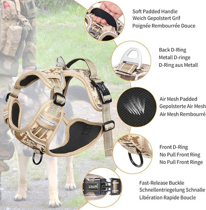 HEELE Dog Harness, No Pull Adjustable Padded Reflective Harness for Small Medium Large Dogs with Handle for Walking Training, Camo Tan, S