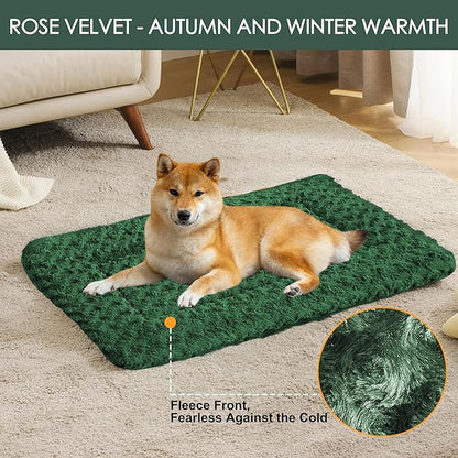 Washable Dog Bed Plush Orthopedic Outdoor Crate Mat with Non-Slip Bottom,Luxe Soft Kennel Pad for Pets,Cozy Cage Cushion & Pet Sleeping Mattress Large Sized,Medium,Small Dogs,36 x 24 inch,Green